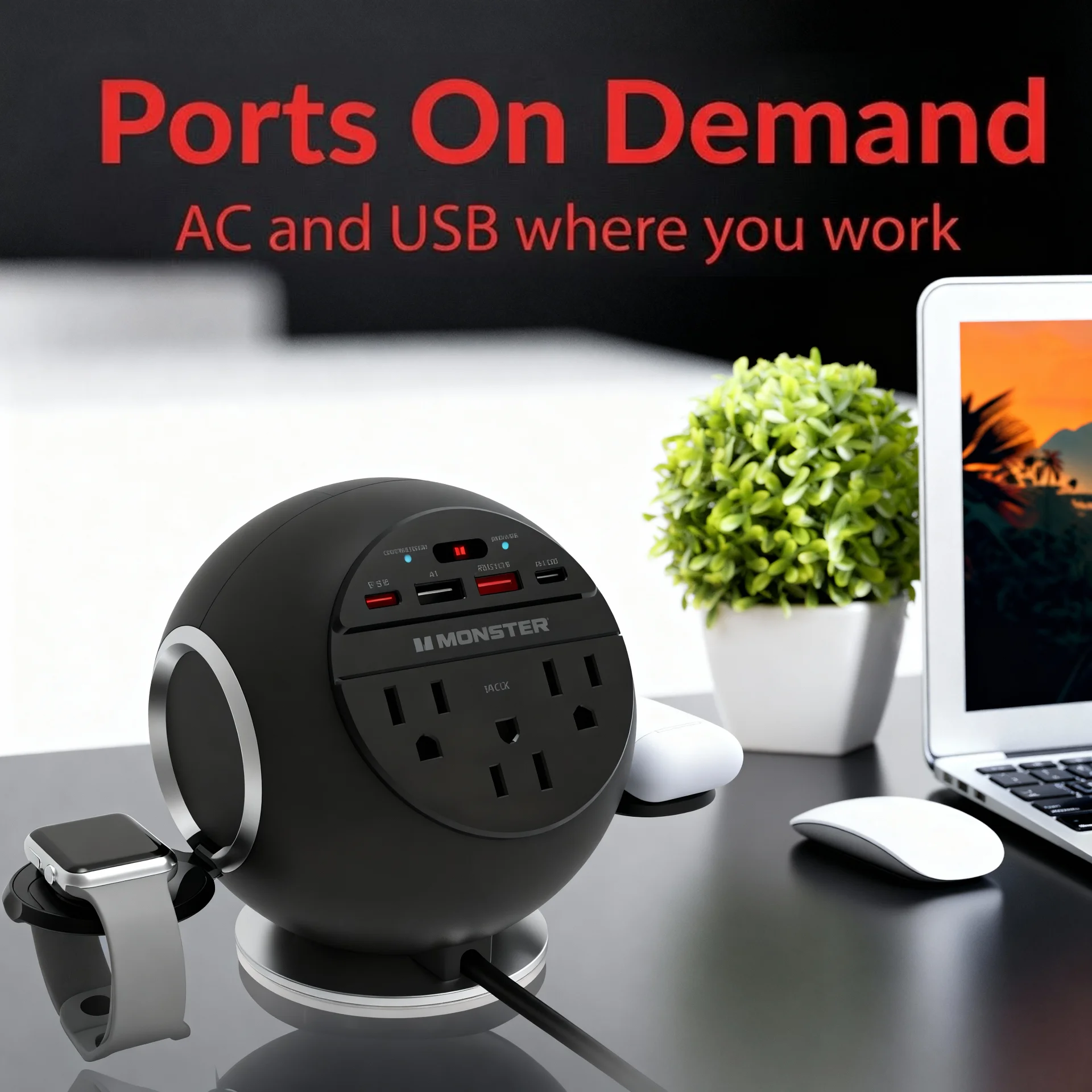 Monster 10-in-1 Charging Sphere Desktop Charging Station with Qi2 Magnetic Wireless Charging, 3 AC Outlets, 2 USB-C, 2 USB-A, Apple Watch & AirPods Charging Pads, 100W Total Output