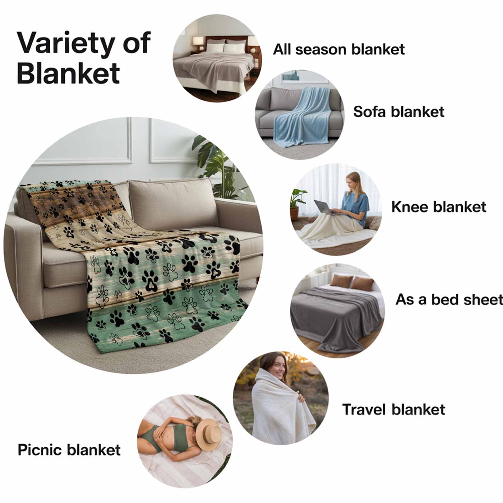 Dog Claw Paw Print Throw Blankets, Pet Green Brown Farmhouses Wood Soft Fleece Blanket Decorative for Home Sofa Couch Chair Living Bedroom, 30x40 Inches,