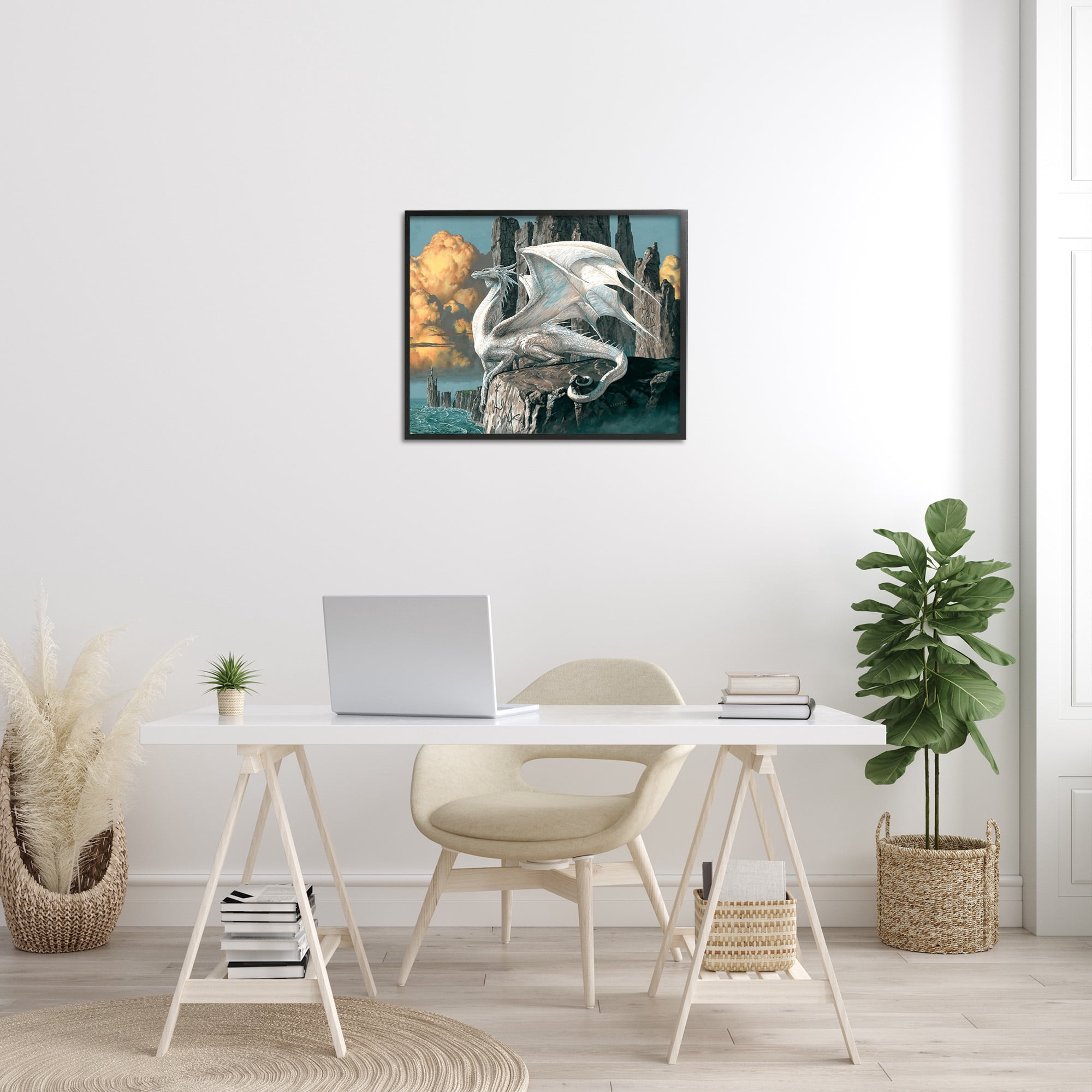 Stupell Industries Dragon Perched on Cliff Fairy Tales & Fantasy Painting Black Framed Art Print Wall Art, 30 x 24