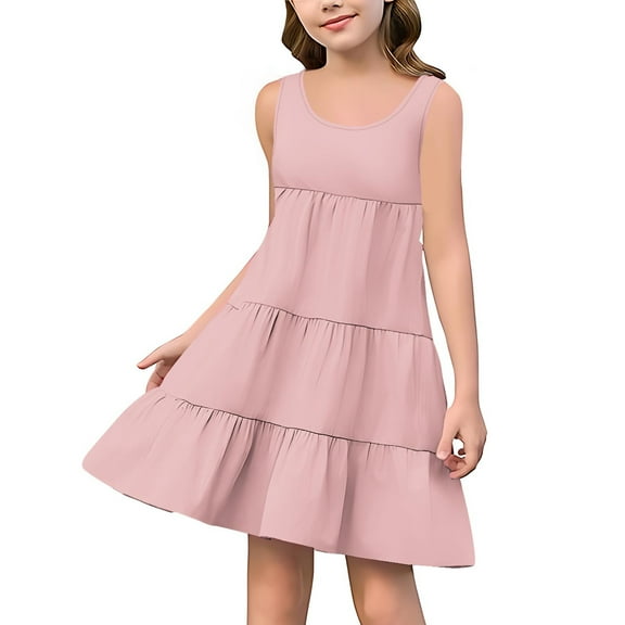 Pounoo New Girls Dresses 10-12 Sleeveless Solid Kids Dresses Girls Round Neck a Line Dresses for Kids Breathable Leisure Mid Length Dress Casual Dresses Pink 13-14 Years(170)
