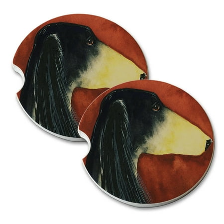 

KuzmarK Sandstone Car Drink Coaster (set of 2) - Black & Tan Saluki Sighthound Dog Art by Denise Every