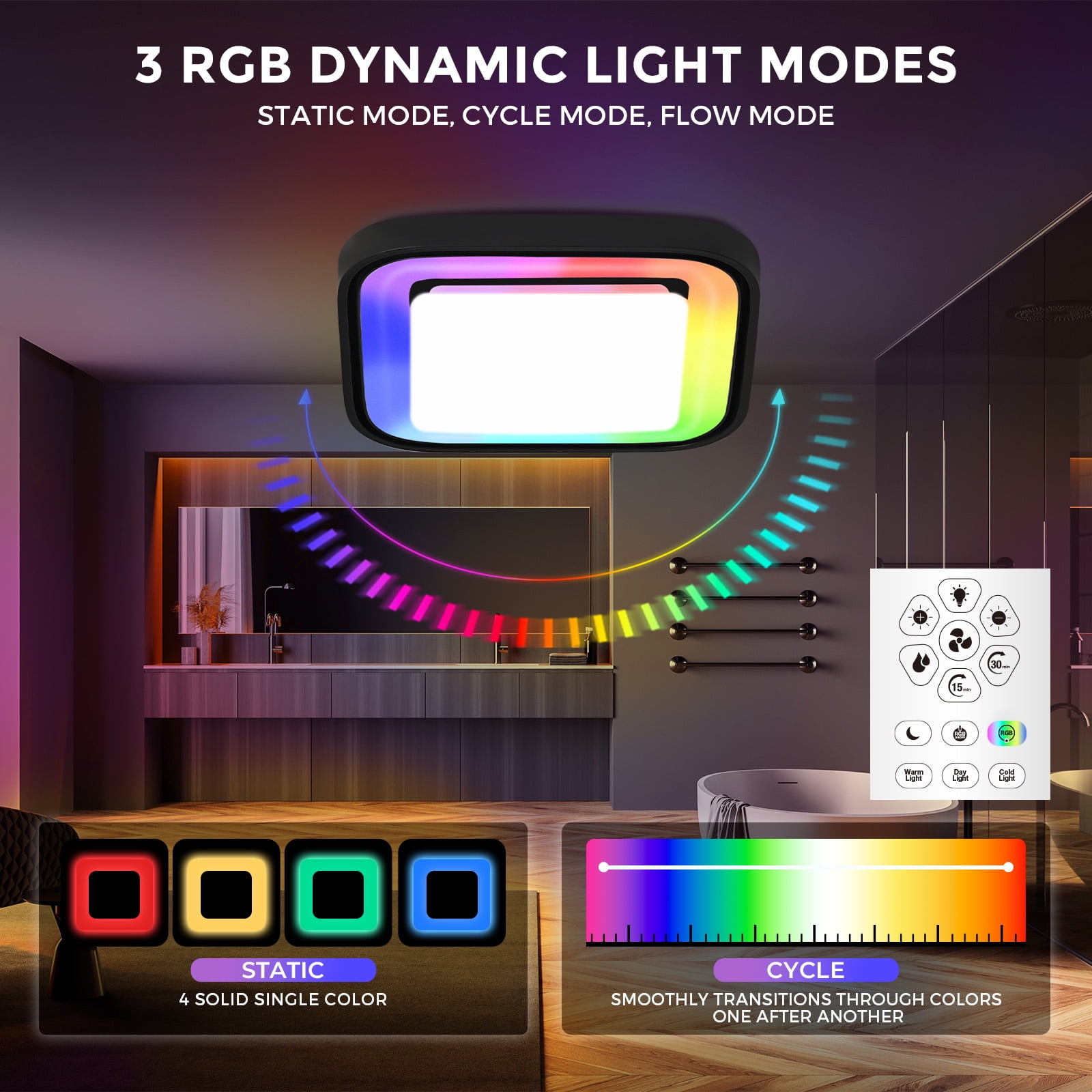 Akicon Bathroom Exhaust Fan with RGB LED Light, 110 CFM 1.5 Sone Ultra Quiet Bathroom Vent Fan for Ceiling, 3CCT Dimmable Light & Nightlight, Remote Control, Square, Black