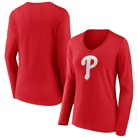 Women's Red Philadelphia Phillies Team Color Primary Logo V-Neck Long Sleeve T-Shirt