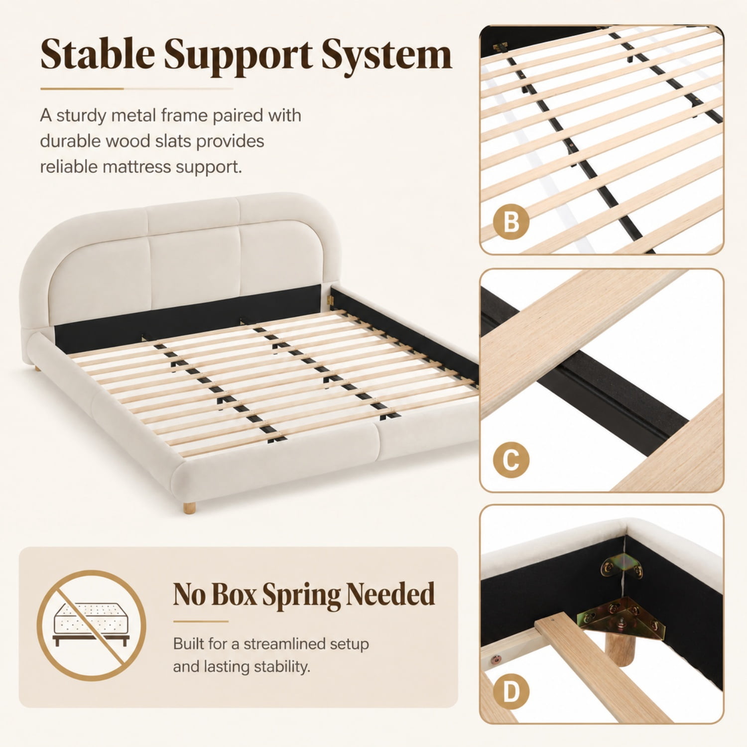 Miniyam King Size Velvet Upholstered Bed Frame with Curved Headboard, Platform Bed with Wood Slats, No Box Spring Needed, Beige