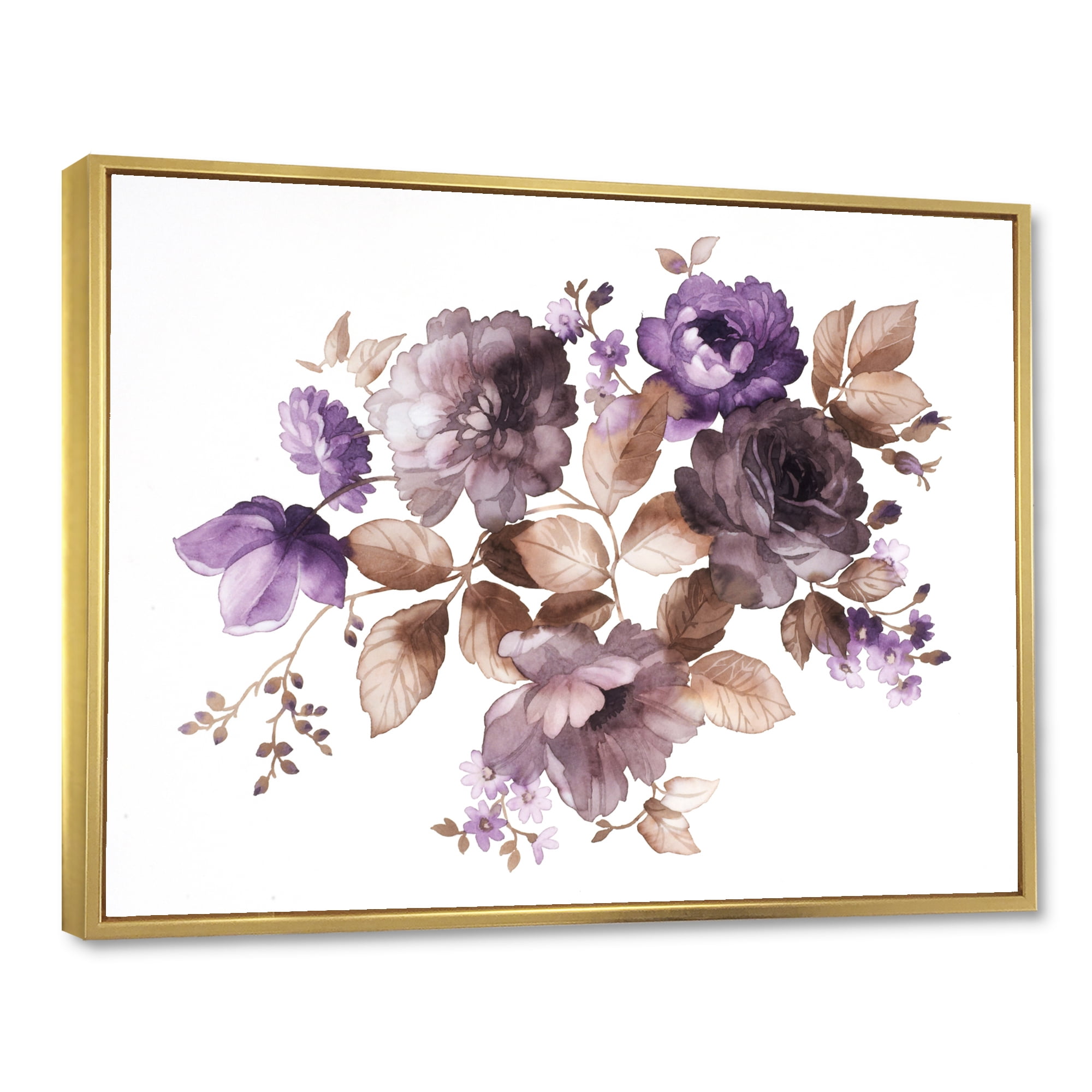 Designart 'Purple Retro Flowers With Brown Leaves On White' Traditional Framed Canvas Wall Art Print