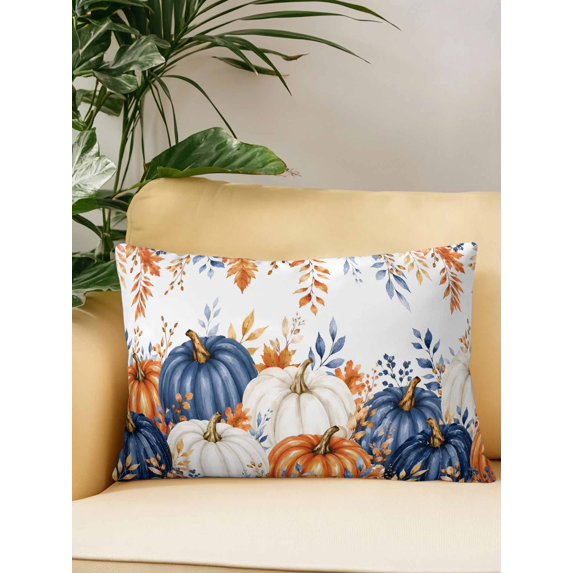 Outdoor Pillows Waterproof, Orange Blue Fall Pumpkins Bedding Throw Pillows with Insert for Couch Sofa Bed, Weeping Botanical Thanksgiving 12x20 Inch Pillowcases Decorative Patio Pillow Set of 1