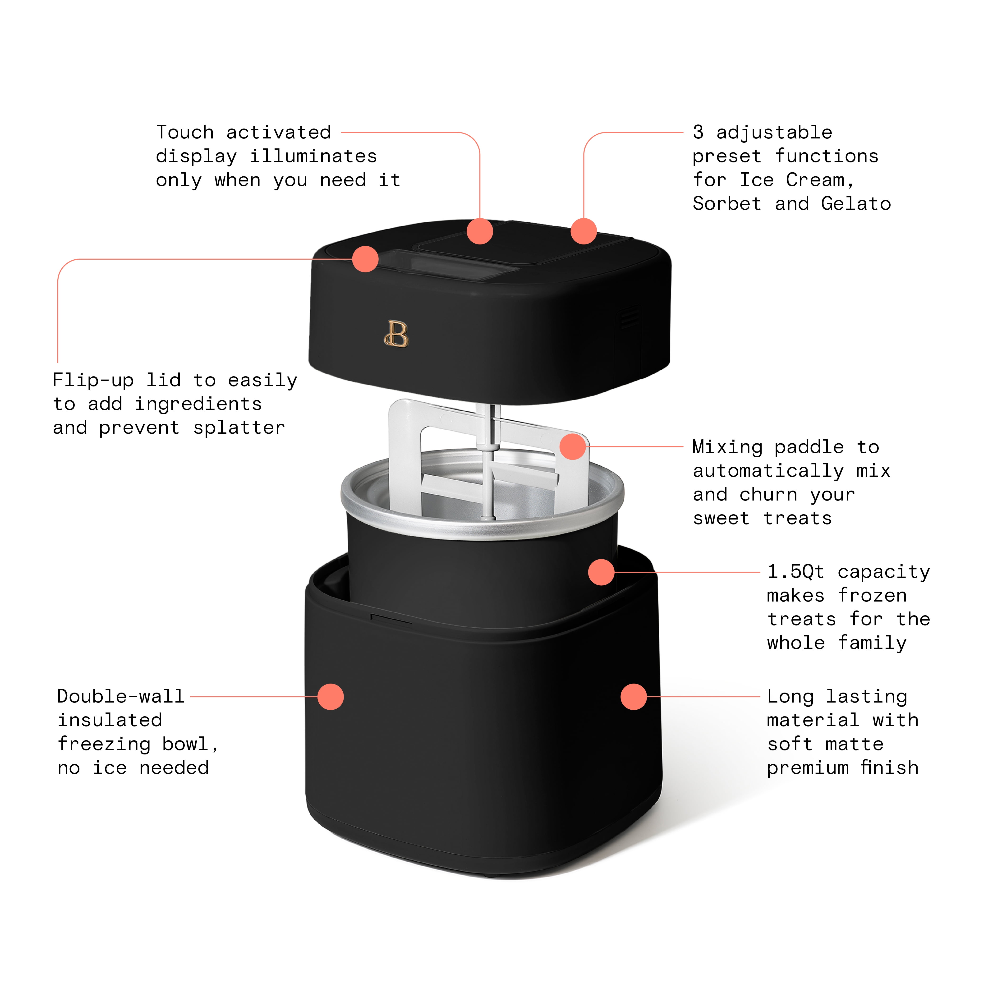Beautiful 1.5 Qt Ice Cream Maker with Touch Activated Display, Black Sesame by Drew Barrymore