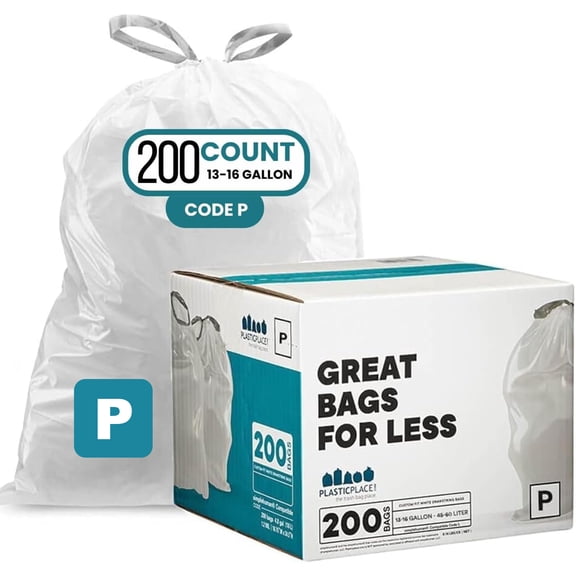 Plasticplace Custom Fit Trash Bags Compatible with Simplehuman Code P, White Drawstring Garbage Liners for 13-16 Gallon Kitchen Trash Can, 23.5" x 31.5", 200 Count, Tear-Resistant
