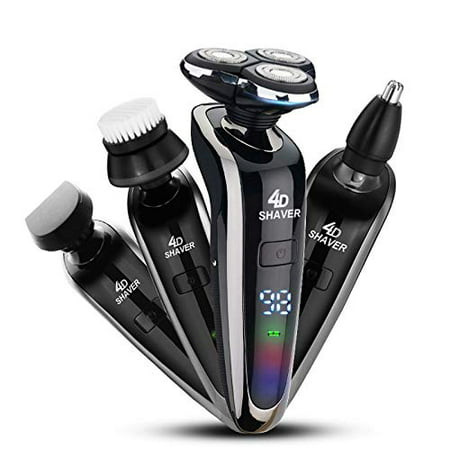 4 in 1 Electric Shaver Grooming Kit for Men, 3 Head 4D Rotary Wet/Dry Razor Beard Cordless Waterproof Clippers, Portable Travel Rechargeable Fast Charging Trimmer for Nose Hair Facial