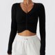 thumbnail image 4 of Top de entrenamiento fruncido frontal Cuello en V Color puro Manga larga Slim Fit Casual Camiseta transpirable Negro 12/L, 4 of 7