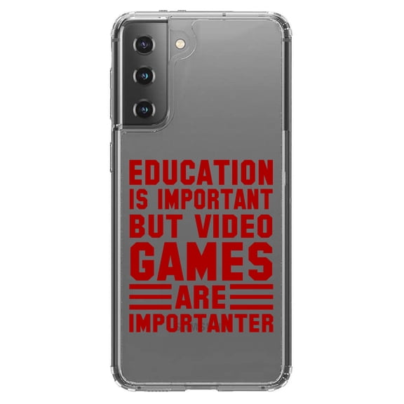 DistinctInk Clear Shockproof Hybrid Case for Galaxy S21  PLUS 5G (6.7" Screen) - TPU Bumper Acrylic Back Tempered Glass Screen Protector - Education is Important Video Games Importanter