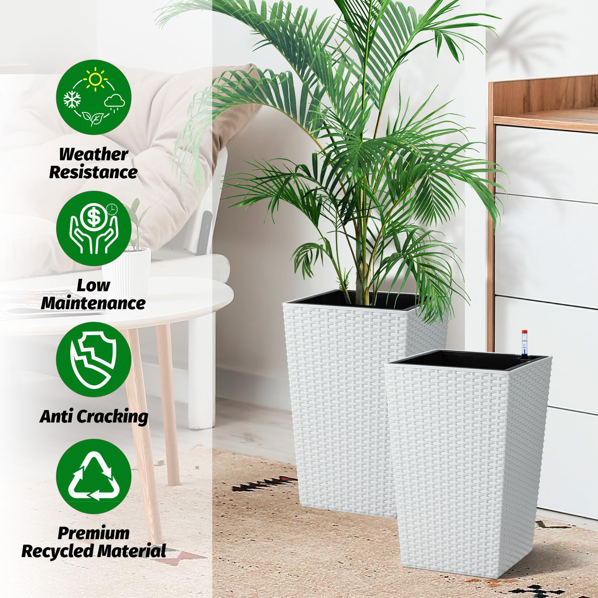 Kicctian Set of 2 Tall Rattan Planters – 16" Modern Plant Pots with Built-in Drainage & Removable Liners – Ideal for Indoor Outdoor Patio, Porch, Garden Decor, White