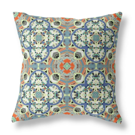 Clover Leaf Floral Indoor/Outdoor Pillow with Removable Cover in Blue Cream Orange16x16
