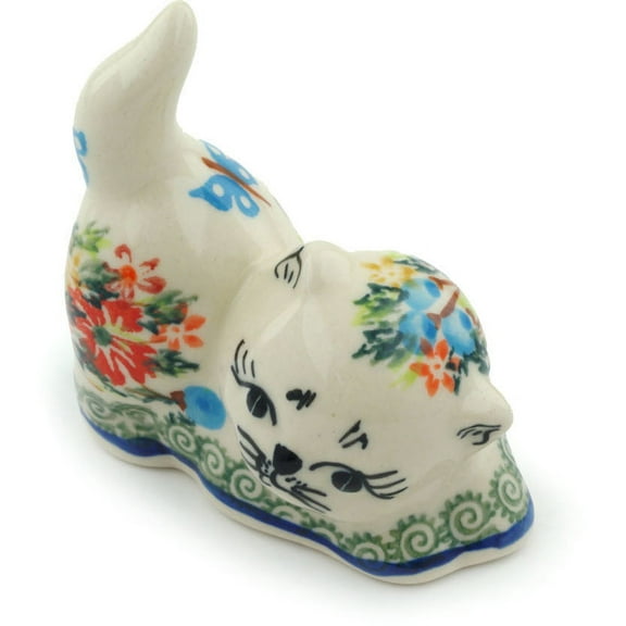 Polish Pottery 3¼-inch Cat Figurine (Red Cornflower And Blue Butterflies Theme) Signature UNIKAT Hand Painted in Poland Certificate of Authenticity