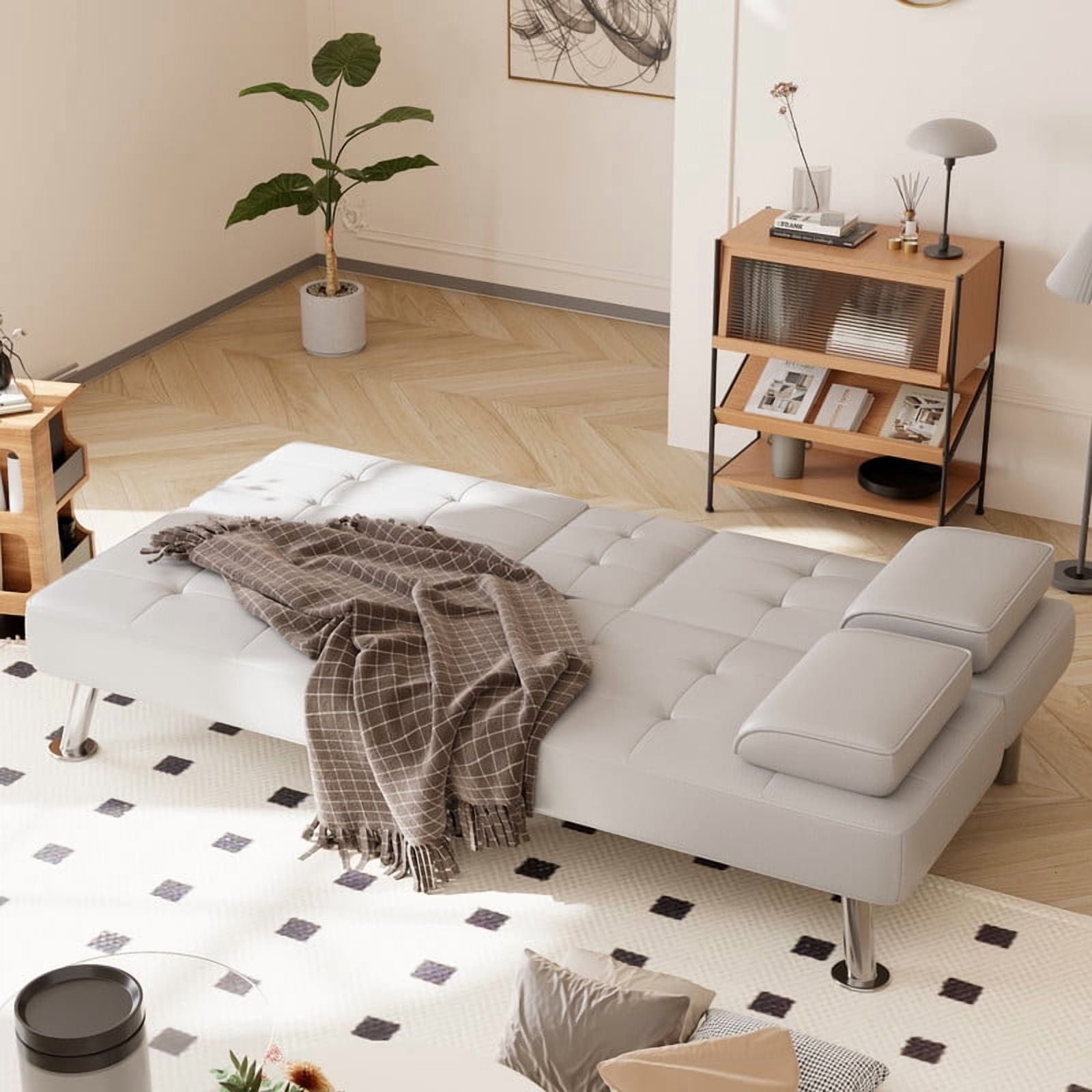 Furmax 3-in-1 Futon Sofa Bed Convertible Couch – Faux Leather Recliner with Cup Holders for Living Room, Apartment & Small Space, White