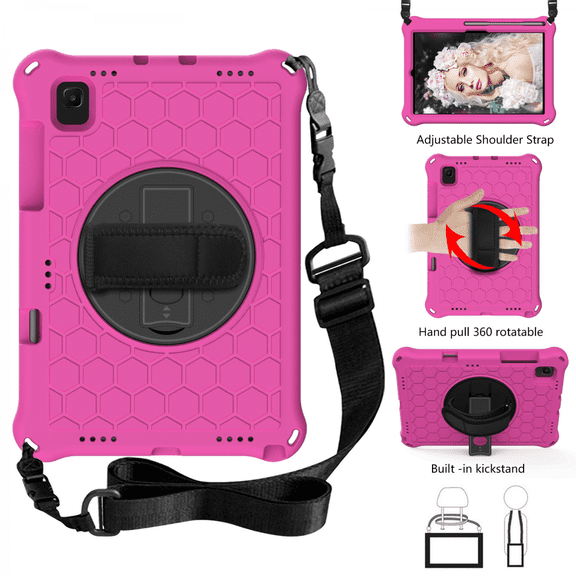For Samsung Galaxy Tab S6 Lite 10.4" 2020 (SM-P610/ P615) with Pen Holder and 360 Degree Swivel Stand and Hand and Shoulder Strap - Pink