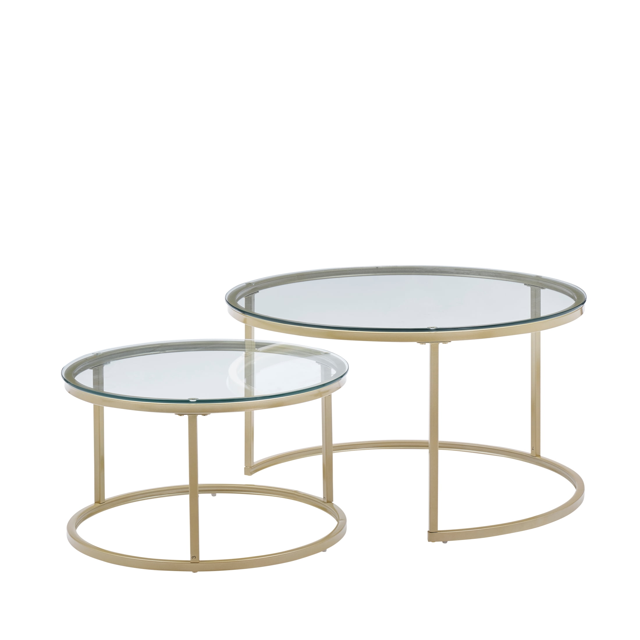 Modern Round Nesting Coffee Table Set with 31.5 inch Tempering Glass Top and Golden Metal Legs Stacking Side Tea Table for Living Room