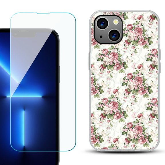 OneToughShield ® for iPhone 15 Plus Shockproof Phone Case, with Tempered Glass Screen Protector - Floral/Rose