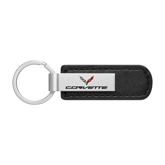 iPick Image for Chevrolet Corvette C7 Silver Metal Plate Black PU Leather Strap Key Chain, Official Licensed