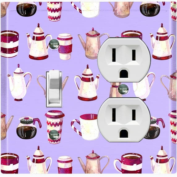 Metal Light Switch Wall Plate Outlet Cover (Coffee Mocha Espresso Tea Pot Kettle Maker Festive Cup Purple Pattern - Single Toggle Single Duplex)