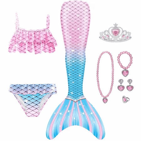 [Uhome]3-11Y Girls Mermaid Bathing Suit 9PCS Cute Ruffle Tankini Swimsuits with Body short Fish Tail Kids Beach Swimwear