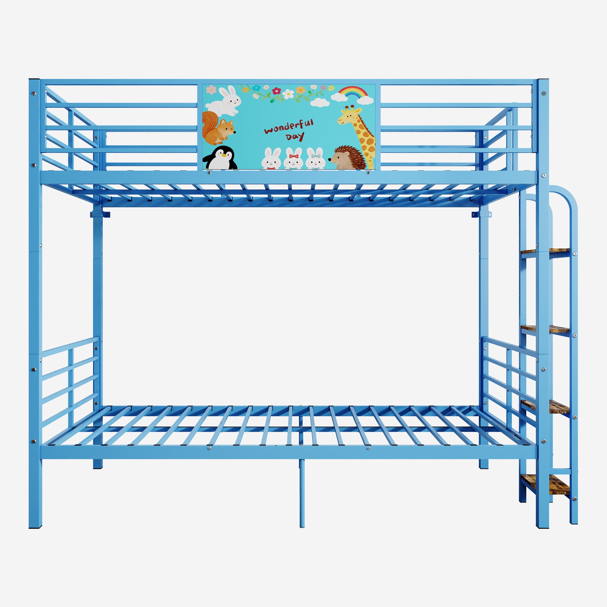 Metal Floor Bunk Bed Twin Over Twin with Ladder and Heavy Duty Slats, Space Saving Frame for Bedroom and Dorm, No Box Spring Needed, Blue