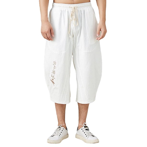 Pantalones casuales de lino para hombre para verano: pantalones cortos de algodón bordados, corte holgado, ligeros para uso diario/al aire libre, tallas M-XXXXL.