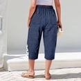 thumbnail image 5 of Capri Pants for Women Casual Cotton Linen Trousers Lightweight Drawstring Elastic Waist Pants with Pockets, #02 Blue, XL, 5 of 5