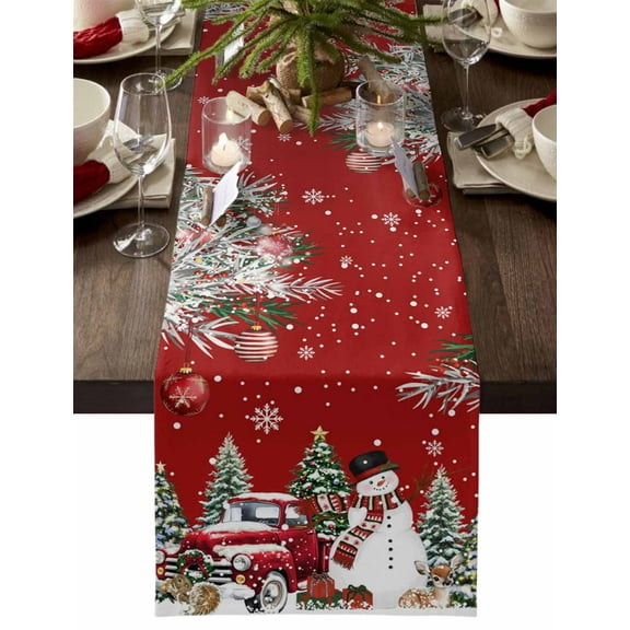 nqOlkjepod Red Christmas Table Runner 48 Inches Long Farmhouse Dress Scarves, Snowman Xmas Truck Balls Tree Dining Tablerunner for Coffee Table/Kitchen Island/Party Décor, 13" x 48"