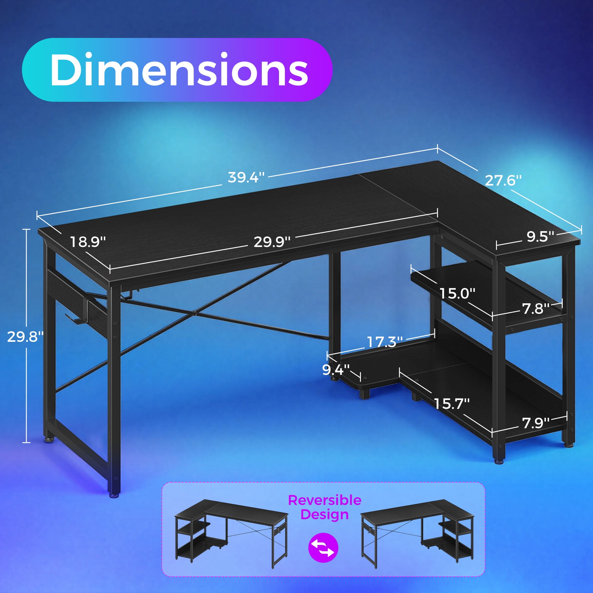 Casacomoda Computer Desk 40 Inch L Shaped with Storage Shelves & CPU Stand, Small Corner Gaming Desk with Headphone Hook, Black