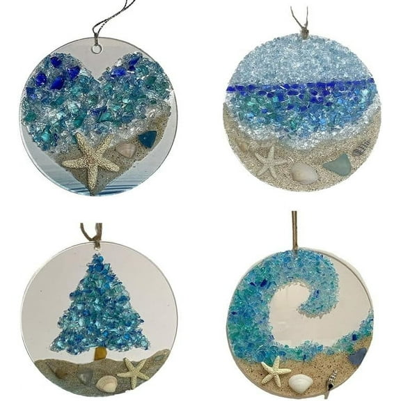 Sea Glass Suncatcher, Ocean Crashing Wave Beach Ornament，Hanging Ornament On Acrylic Circle Sea Glass Pieces Light Catcher for Beach Themed Home Interiors (4PCS-Mix)