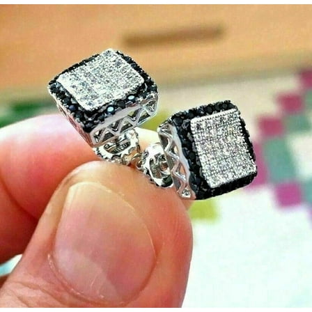 2.2Ct Round Cut Lab Created Black Diamond Square Stud Earrings 14K White Gold Plated 925 Silver