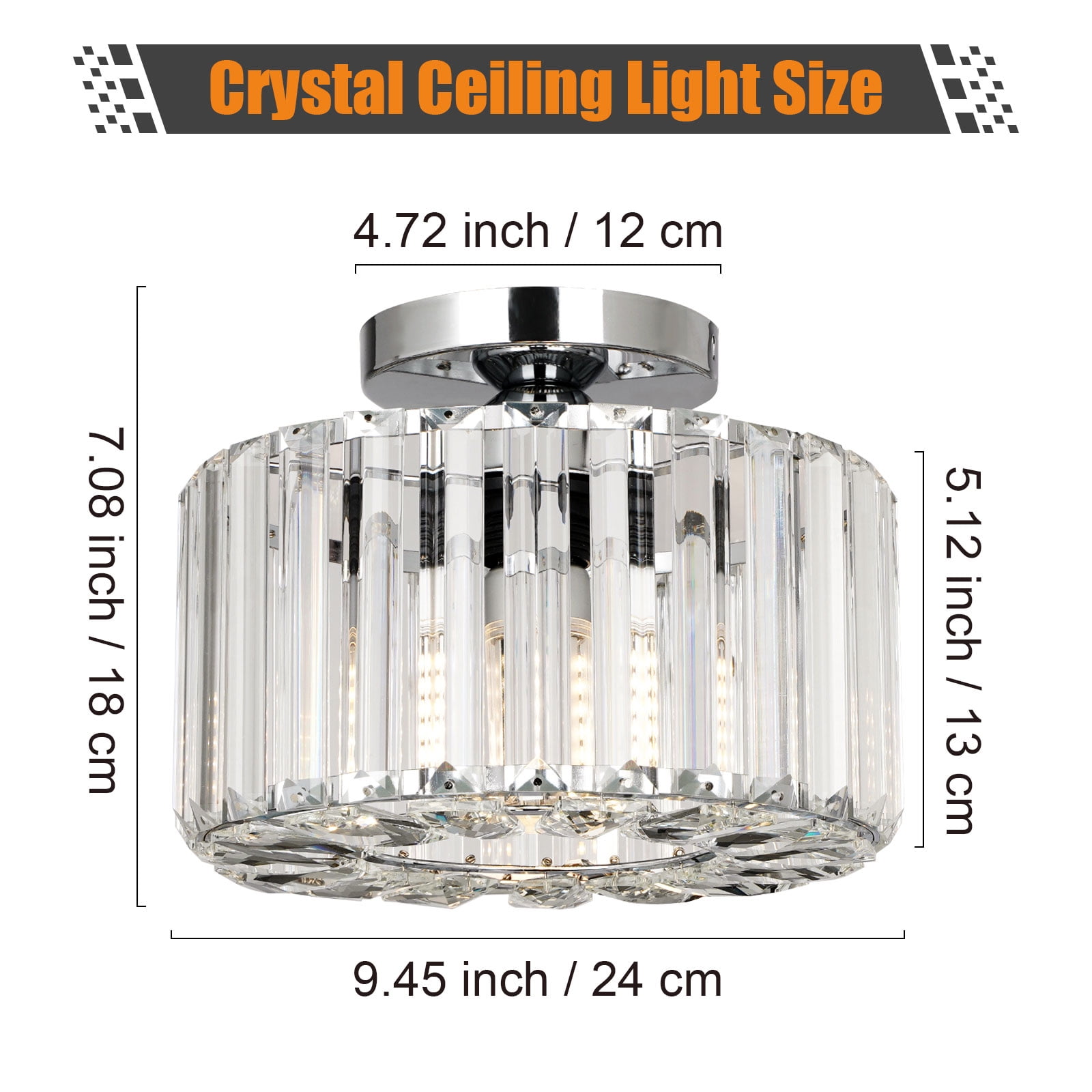 Frideko Home Crystal Ceiling Light Fixture, 9" Chrome Modern Semi Flush Mount Ceiling Light, E26 Base for Light Bulbs, Crystal Chandelier for Kitchen Bedroom Bathroom Hallway (Bulb not Included)