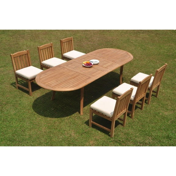 Grade-A Teak Dining Set: 6 Seater 7 Pc: 118" Double Extension Oval Table And 6 Devon Armless Chairs Outdoor Patio WholesaleTeak #WMDV46