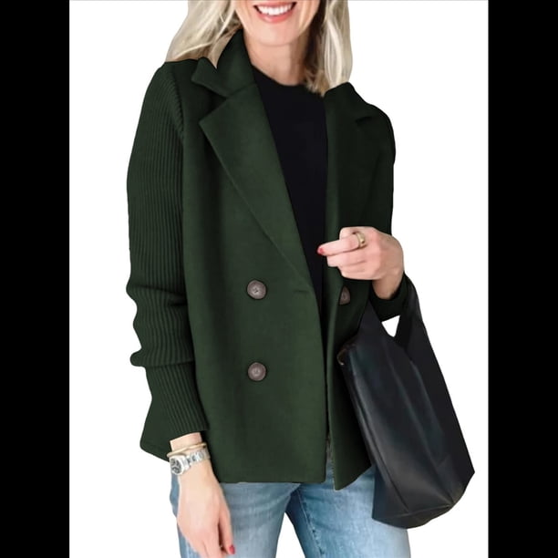 Abrigo de Lana Cruzado para Mujer, con Solapa con Muescas, Tejido Acanalado, Larga, Chaqueta Blazer Corta. Verde M