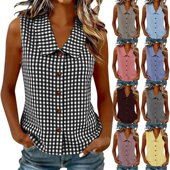 VBVC Women's Gingham Sleeveless Button Down Top, Ladies' Peter Pan Collar Blouse, Plaid V-Neck Summer Tank For Women,Black,S-3XL