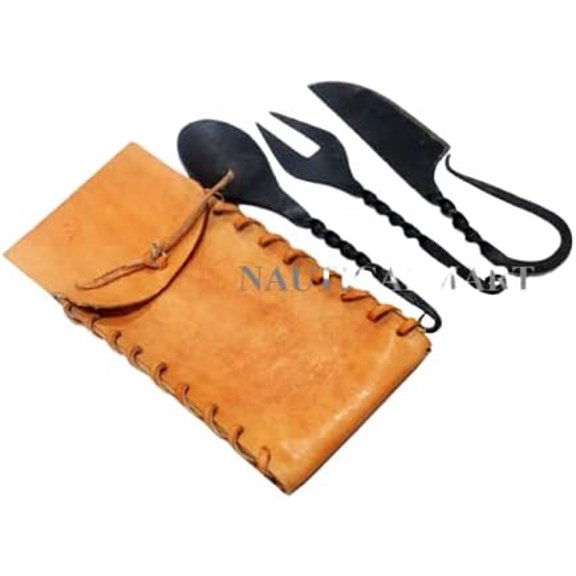 NauticalMart Hand Forged Medieval Eating Utensil Set of 4 Pieces Viking Style Twisted Cutlery Functional Feastware Dining Accessories with Easy Carrying Case (1st Design)