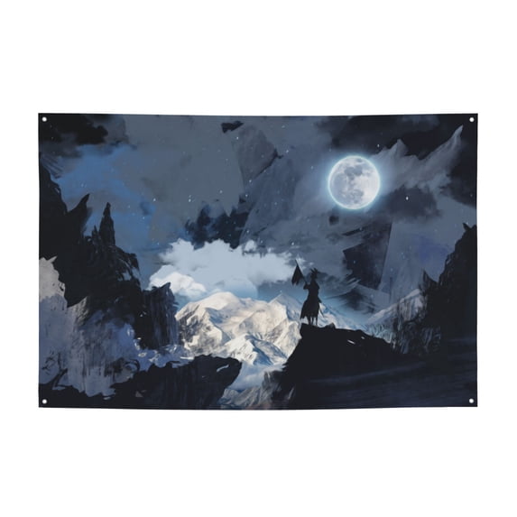 Fantasy Full Moon Knight Painting Sign Banner, Mountains Drawing Hanging Banners Backdrop Festive Party Decor for Indoor Outdoor, 47 x 71 inches