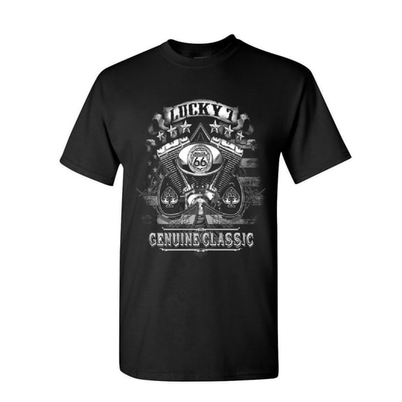 Tee Hunt Lucky 7 Route 66 T-Shirt Classic Spades Biker Engine Pistons MC Mens Shirt