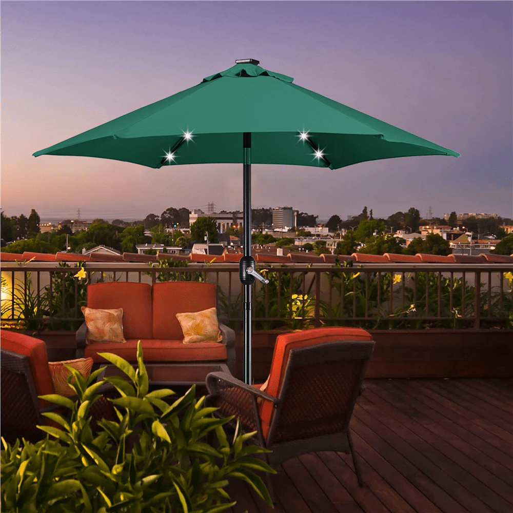 Renwick 7.5FT Patio Umbrella with Base Stand and LED Solar Lights, Dark Green