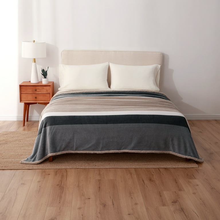 Berkshire Blanket Blue Beige Multi Color Striped Sherpa Velvet Plush Reversible Bed Blanket Full Queen Walmart