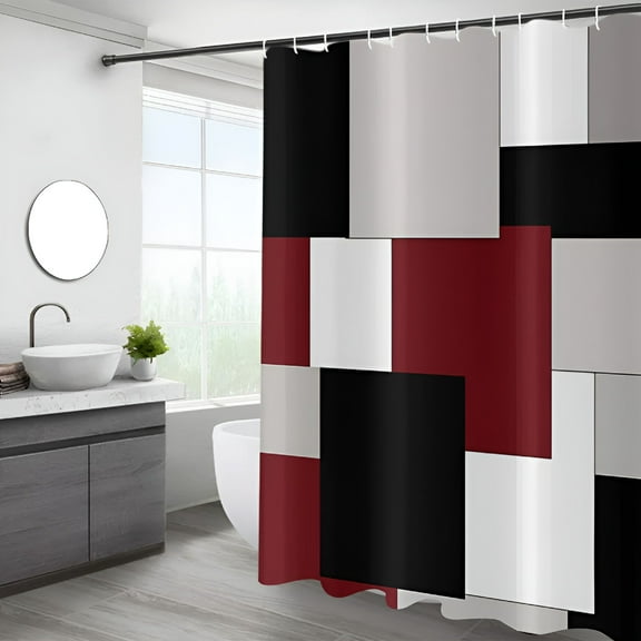 LAMIRO Burgundy Geometric Shower Curtain,Burgundy Grey Black Geometric Shower Curtain Contemporary Bathroom Curtain Bathtub Home Decor Waterproof Fabric Machine Washable with 12 Hooks