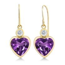 Gem Stone King 14K Yellow Gold Purple Amethyst and White Topaz Earrings for Women (3.48 Cttw, Gemstone February Birthstone, Heart Shape 8MM and, Round 3MM)