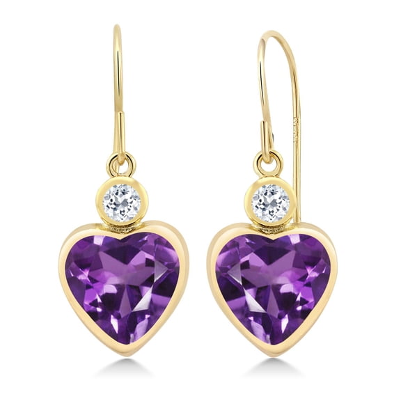 Gem Stone King 14K Yellow Gold Purple Amethyst and White Topaz Earrings for Women (3.48 Cttw, Gemstone February Birthstone, Heart Shape 8MM and, Round 3MM)
