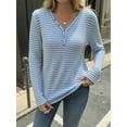 thumbnail image 4 of Women'S V-Neck Long Sleeve Striped Knit Button Shirt Autumn Casual Loose Elegant Tunic Top Blue S, 4 of 10