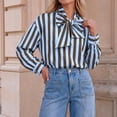 thumbnail image 5 of Womens Striped Button Down Shirts Bow Tie Neck Long Sleeve Tops, S, 5 of 6