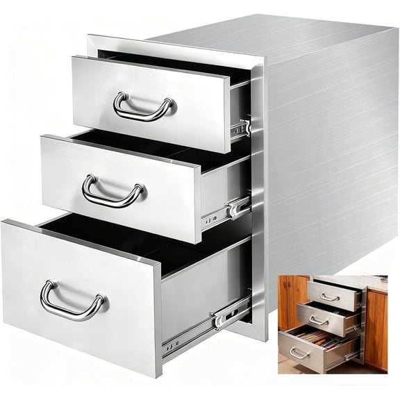 18''W x 23''H x 23''D Outdoor Kitchen Drawer Cabinets, BBQ Drawer Stainless Steel, Flush Mount Triple Access, with Handle, BBQ Island, Outdoor Grill Patio Grill Station