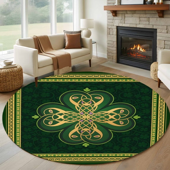 Round Area Rug 5 Ft, Saint Patrick's Day Washable Non-Slip Circle Carpet for Living Room/Bedroom, Boho Green Golden Leaves Ethnic Motifs Low-Profile Runner Mats Collection Rugs for Indoor