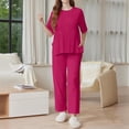 thumbnail image 4 of WTOBBY Women's Loose Fashion Solid Color Split Hem Round Neck Short Sleeve Top and Long Pants Two Piece Casual Summer Set for Women,Hot Pink 2XL, 4 of 6