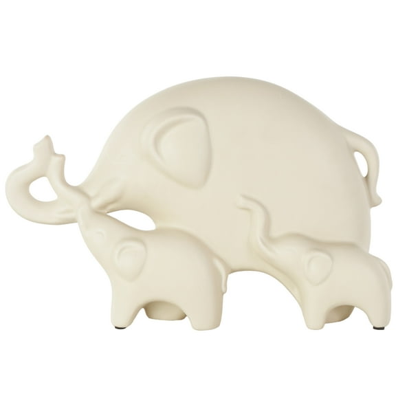14" x 9" Cream Ceramic Family Elephant Sculpture with Raised Trunks, by DecMode